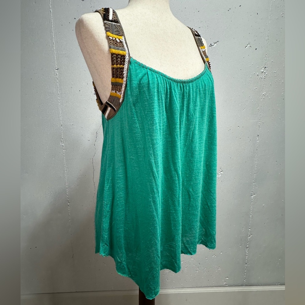 FREE PEOPLE $128 EUC Teal Gold Sleeveless Raw Edge Embroidered Bead Tunic Top L